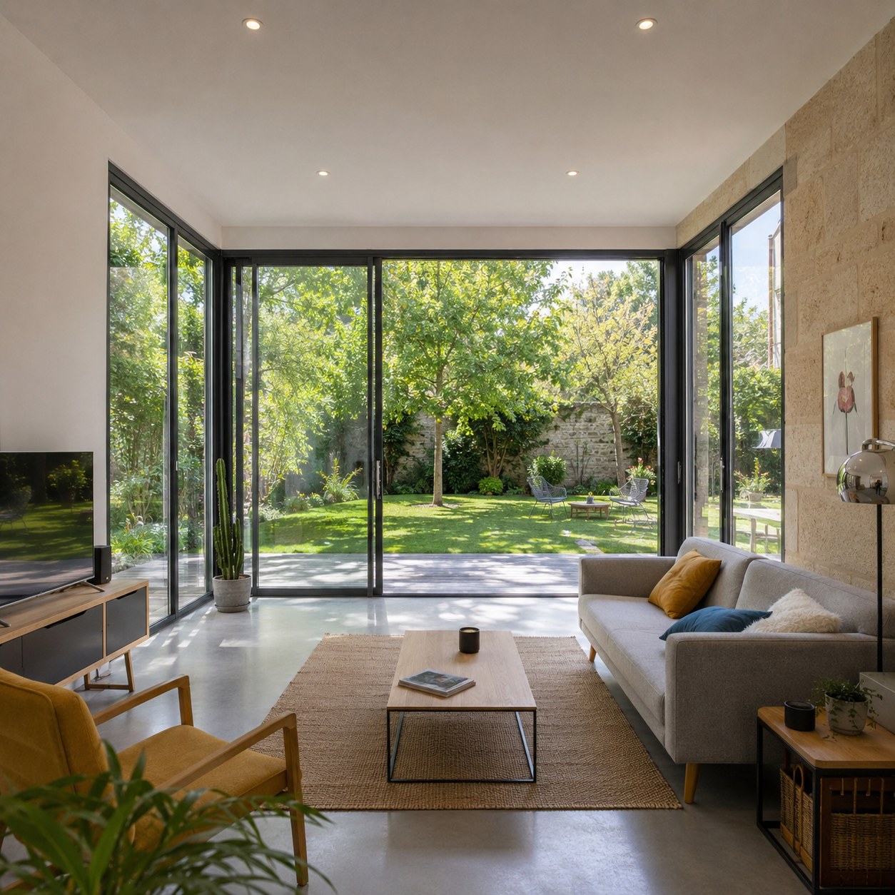 Intérieur fini d'une extension Les Extensions Nouvelles — baies coulissantes et jardin