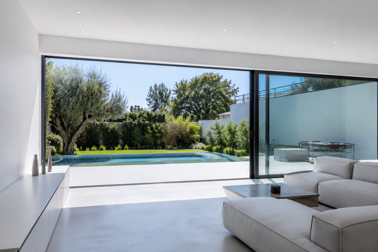 Intérieur fini d'une extension Les Extensions Nouvelles — vue piscine et menuiseries